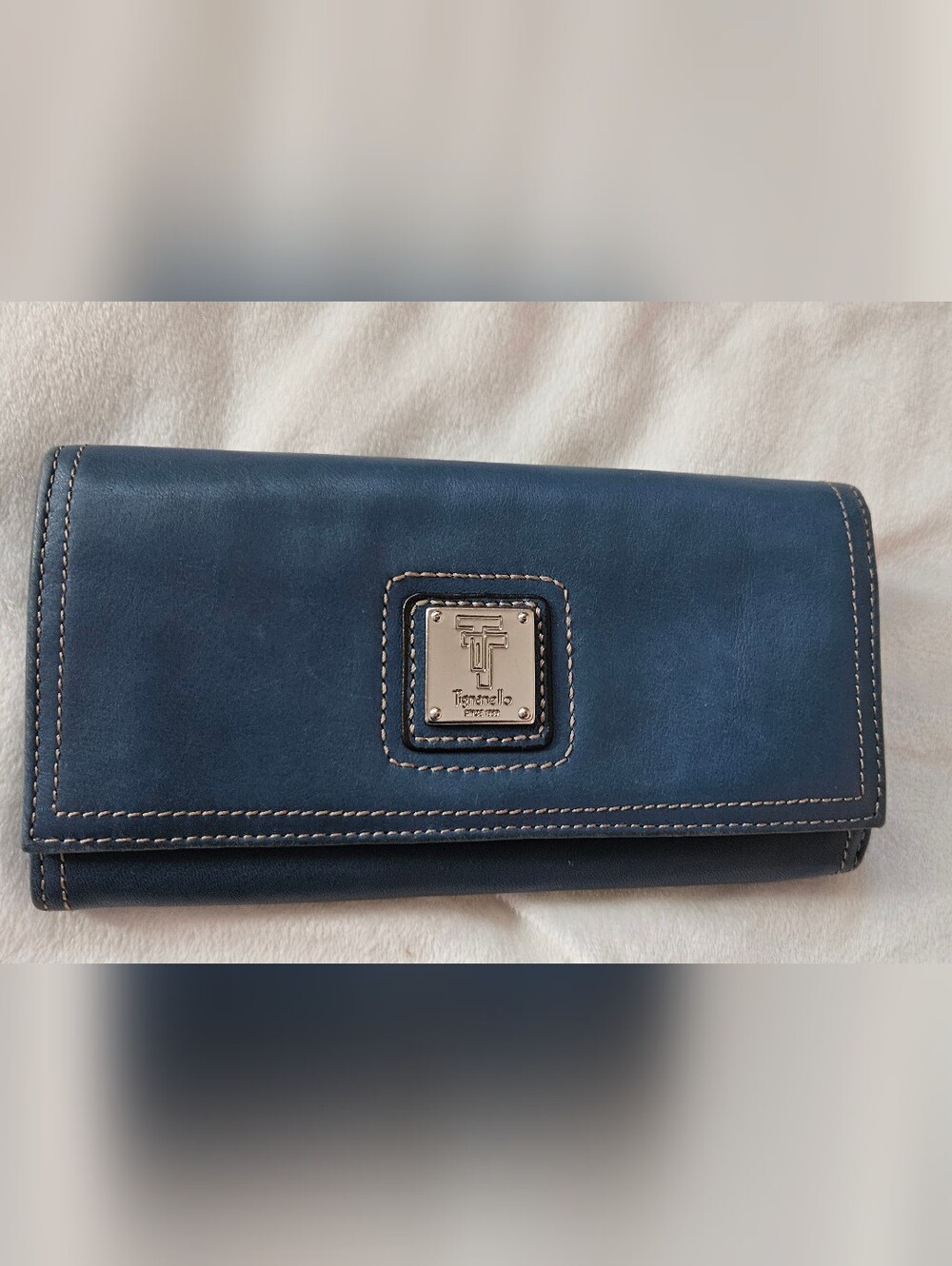 Tignanello Dark Teal Blue Leather Continental Wallet w/Silver Logo Plaque